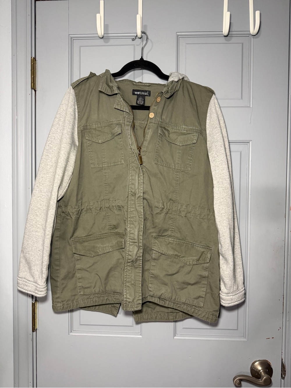 Wet Seal Olive Utility Jacket with Cream Knit Sleeves